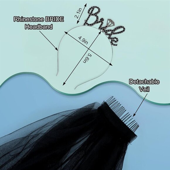 ?Women Black Rhinestone Bride Headband with Veil Sturdy Metal Comb Accessory main image 8